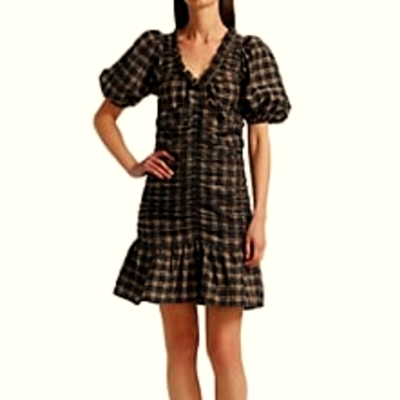 NWT Ganni Ruffled Ruched Mini Checkered Dress - Picture 1 of 4